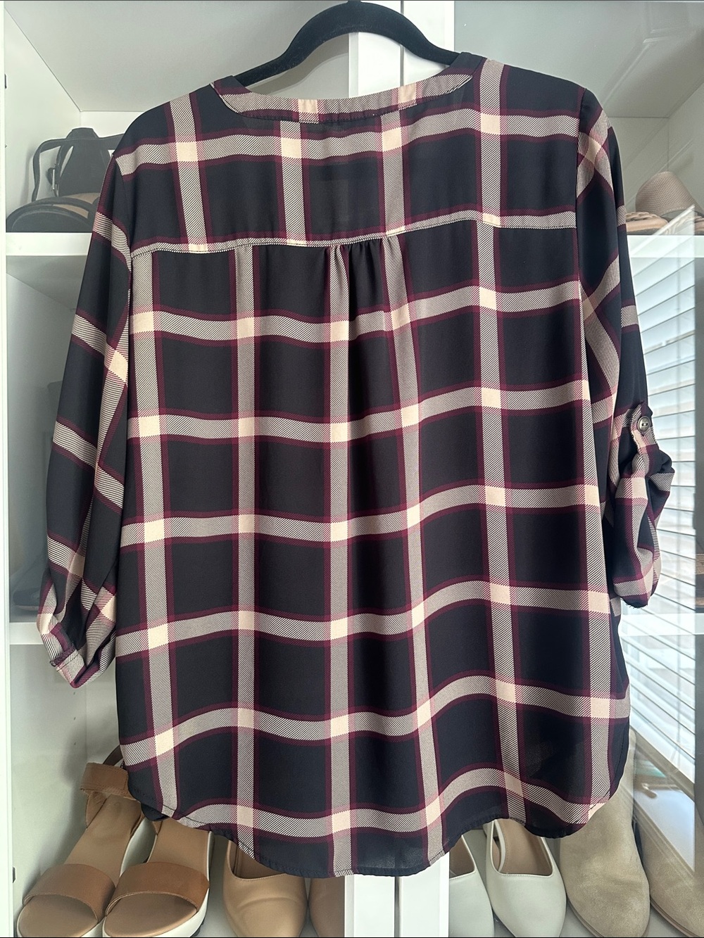 Maurice’s Women's Large Sheer Plaid Roll-Sleeve V-Neck Blouse - Picture 3 of 3